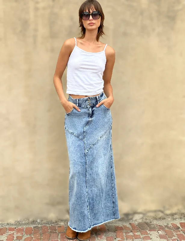 Pieced Denim Maxi Skirt velvet skirt rich