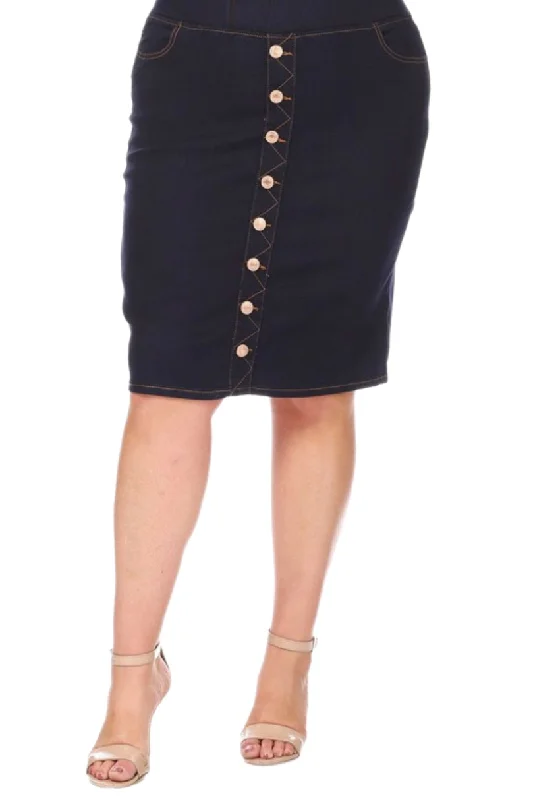 Plus Button Denim Skirt Style 77495X In Dark Indigo velvet skirt glossy