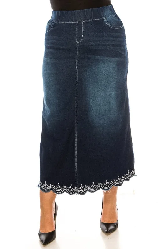 Plus Long Denim Skirt in Dark Indigo Style 89203X linen skirt natural