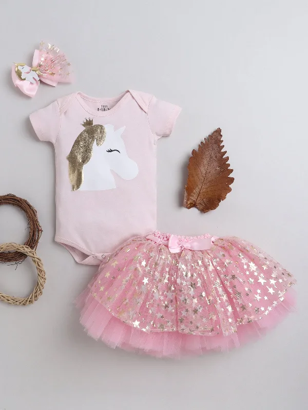 Pre-Order: Unicorn printed Bodysuit, skirt & Hairband- Pink velvet skirt luxury