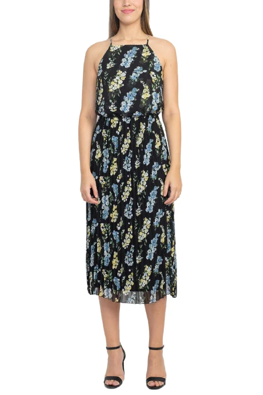 Sam Edelman Square Neck Sleeveless Elastic Waist Zipper Back Multi Print Pleated Skirt lace skirt feminine