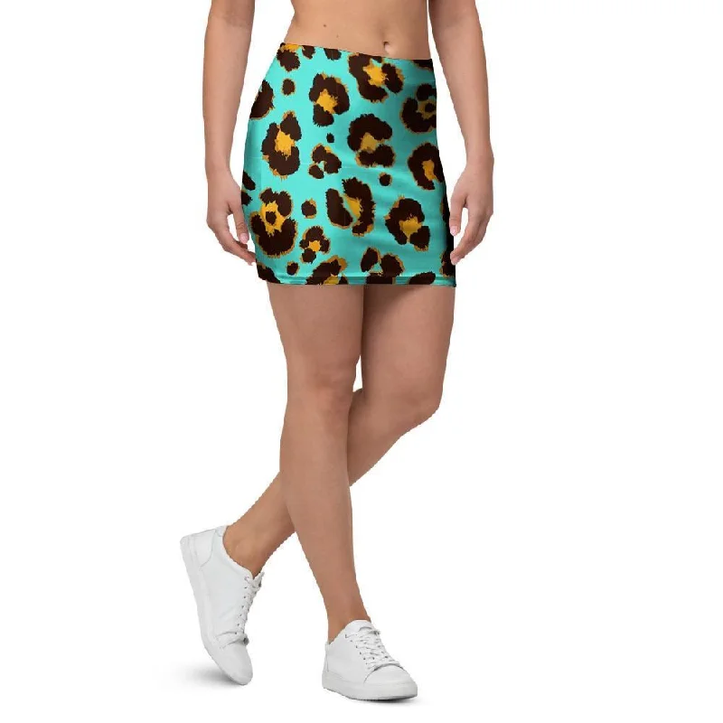 Teal Cheetah Mini Skirt wool skirt breathable