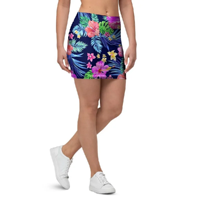 Tropical Exotic Flowers Hibiscus Hawaiian Print Mini Skirt pleated skirt texture