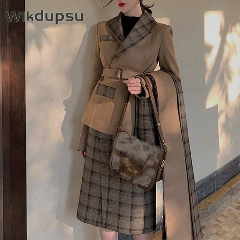 Women Skirt Suits Office Lady Two Piece Sets Formal Business Clothes Autumn Winter Retro Plaid Blazer Jacket Midi Pencil Skirts vintage skirt charm